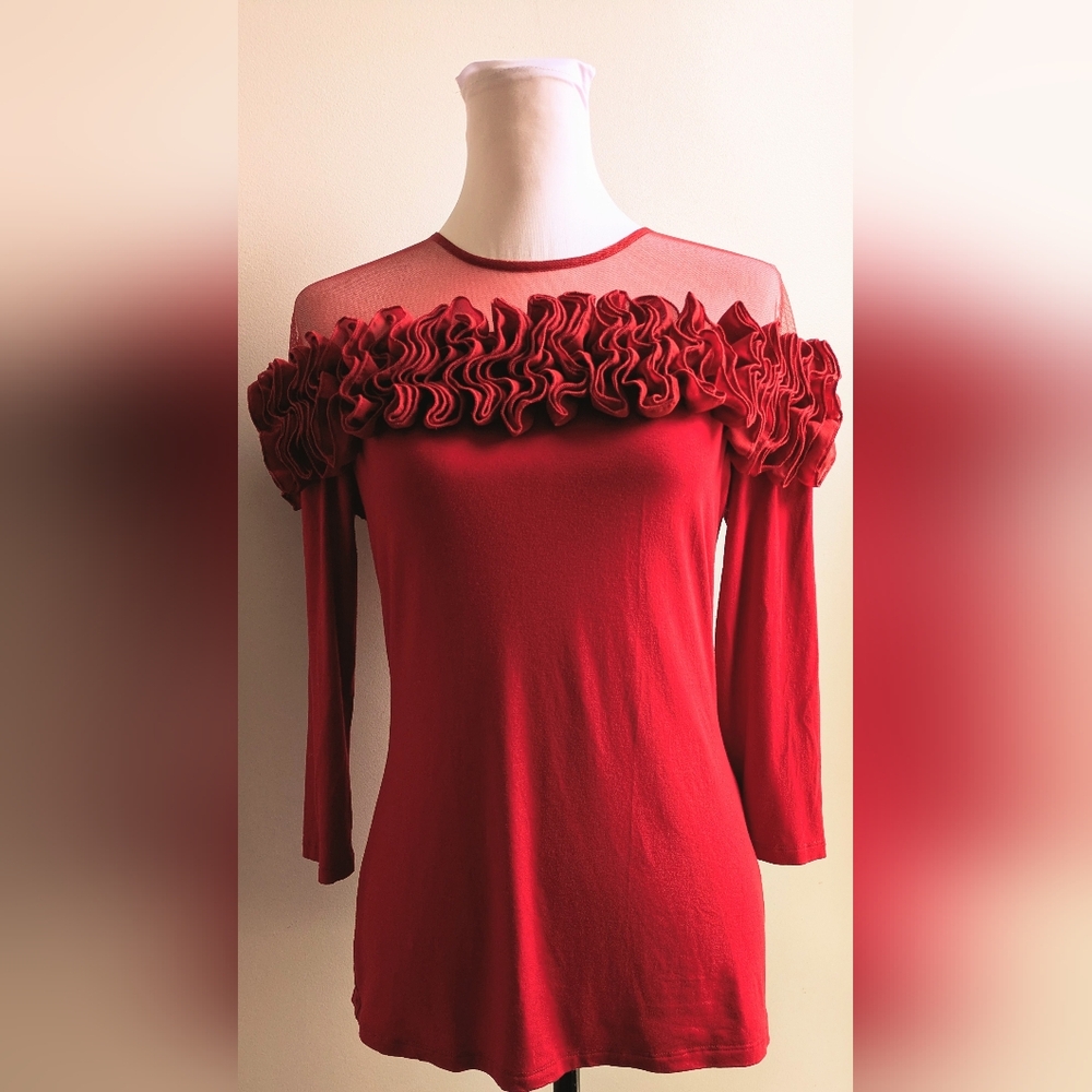 Dramatic Boston Proper Vibrant Red Ruffle/Mesh Top Size M